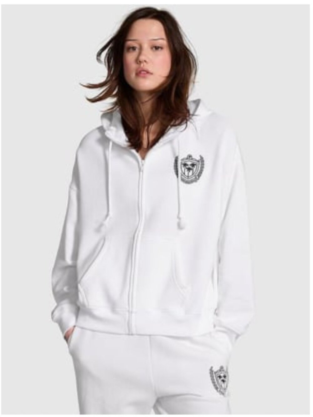 PINK Victoria's Secret Ivy Fleece Campus Full Zip Hoodie White Logo Medium NWT